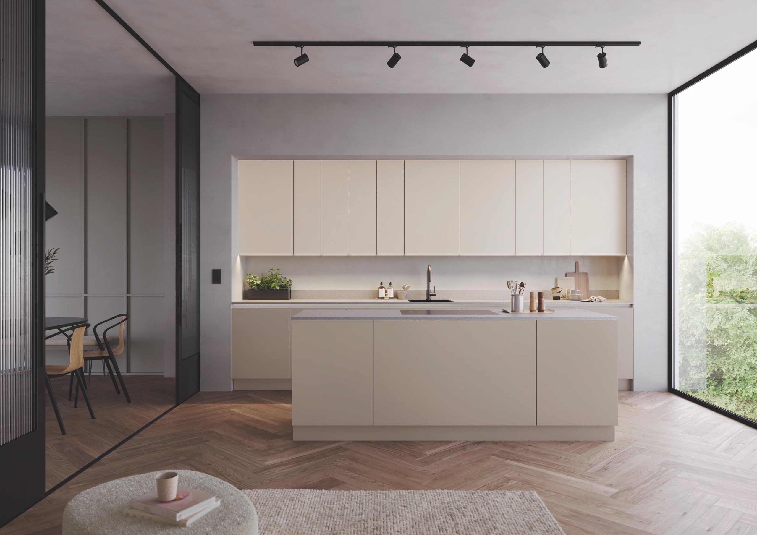 Moderne CUK Designküche mit dunkler Arbeitsplatte und Holzelementen